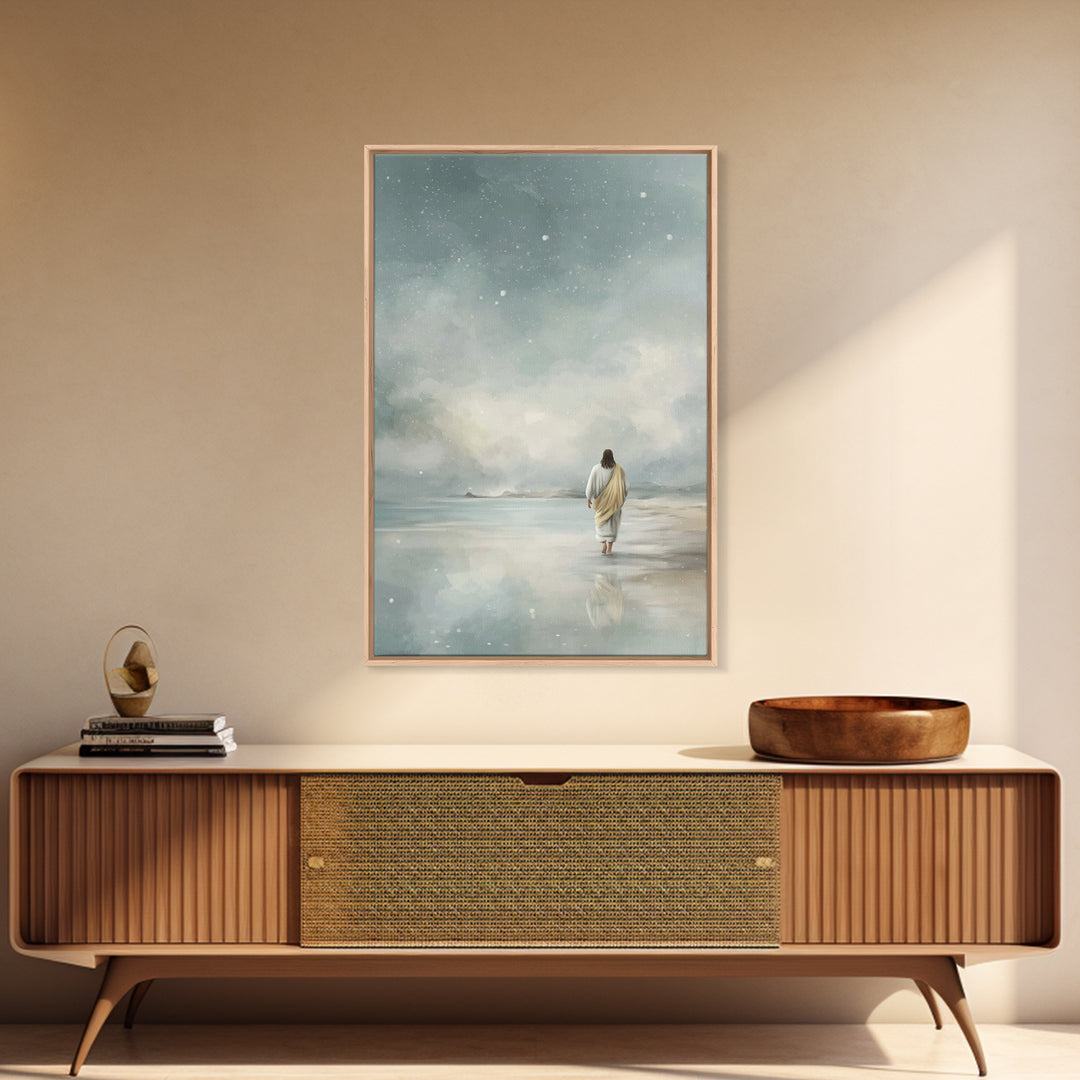 Snowy Shore Grace – Framed Canvas Print – Christian Art Canvas – Christian Wall Art – Subtle Christian Art – Jesus Painting – Christian Chr