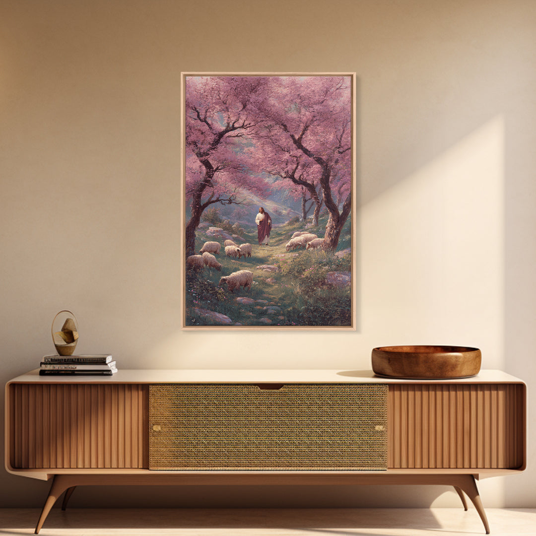Risen Shepherd Walk – Framed Canvas Print – Jesus Canvas Art – Christian Art Painting – Christian Wall Art – Christian Art Work – Moody Chr