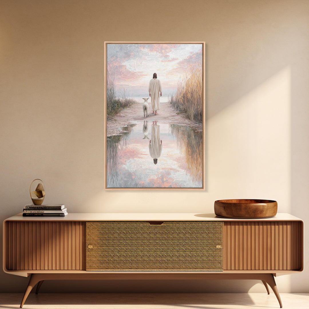 Misty Shepherd Calm, Framed Canvas Print, Christian Wall Art, Jesus Canvas Art, Minimalist Christian Art, Subtle Christian Paintings, Chris
