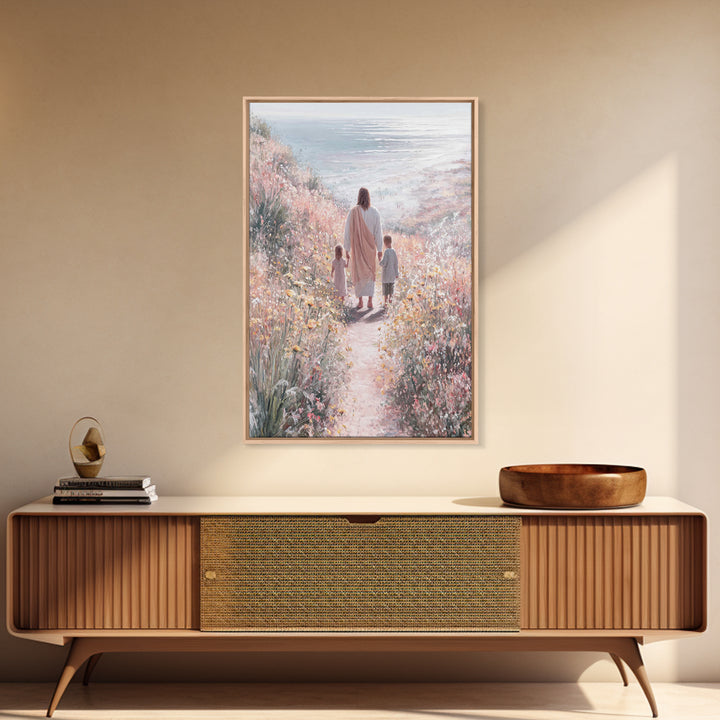 Golden Bloom Path, Framed Canvas Print, Christian Wall Art, Jesus Painting Canvas, Christian Decor, Modern Christian Painting, Christian Gi