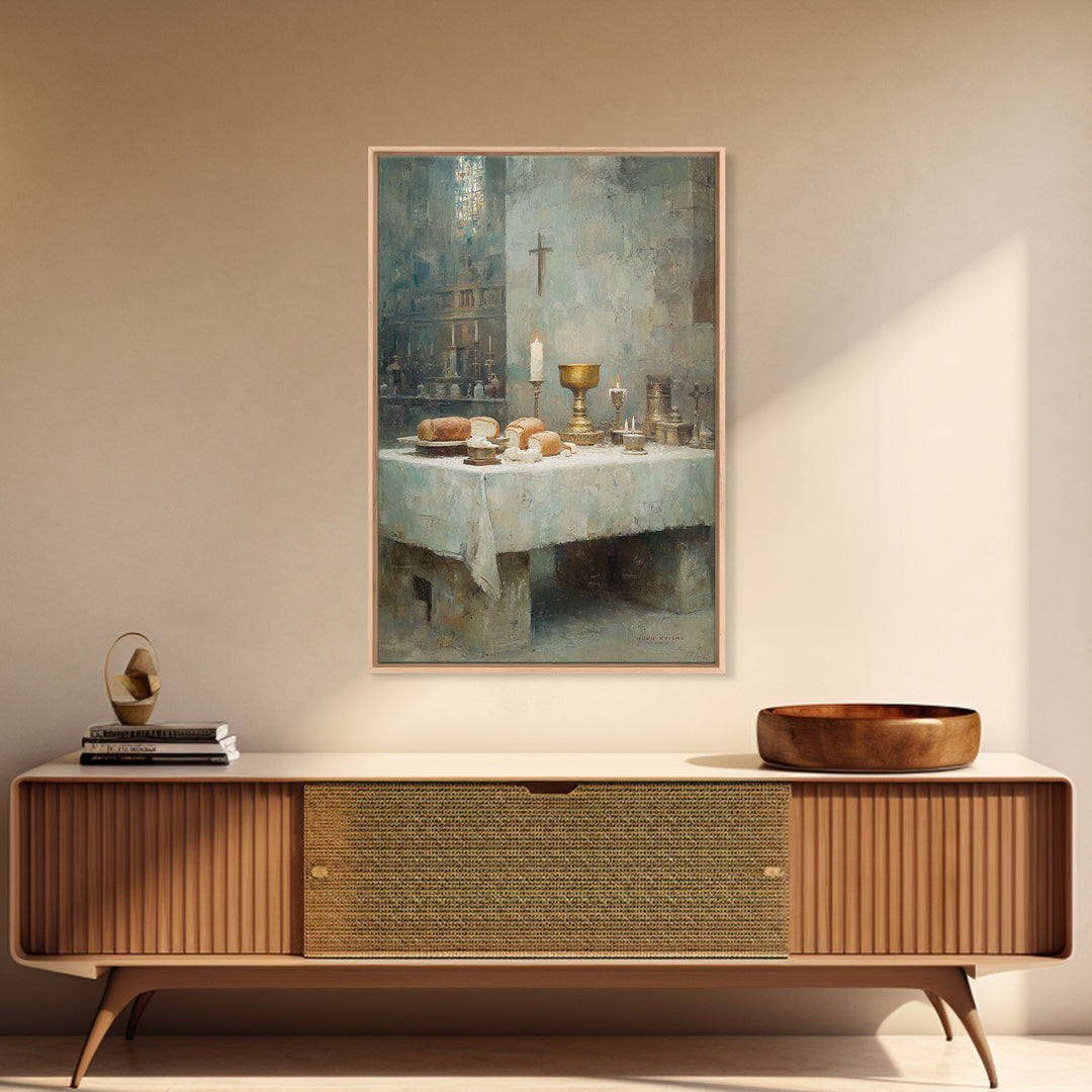 Holy Supper Glow, Framed Canvas Print, Christian Art Print, Christian Wall Art, Moody Christian Art, Christian Christmas Art
