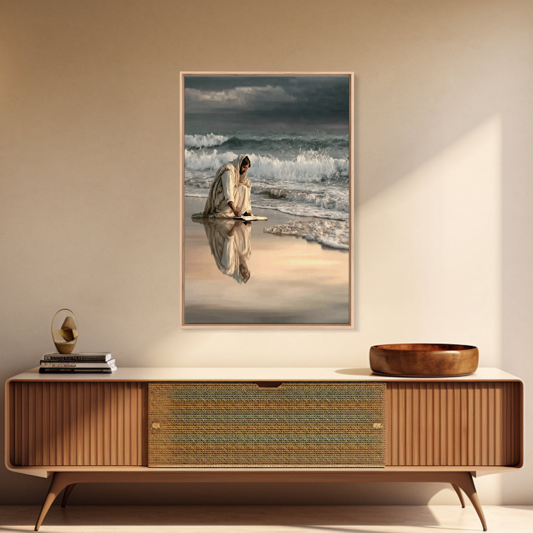 Shoreline Of Rest, Framed Canvas Print, Christian Wall Art, Jesus Painting, Christian Art Canvas, Moody Christian Art, Large Jesus Painting