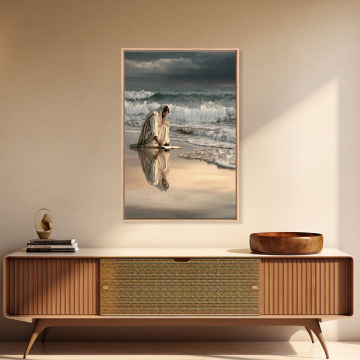 Shoreline Of Rest, Framed Canvas Print, Christian Wall Art, Jesus Painting, Christian Art Canvas, Moody Christian Art, Large Jesus Painting