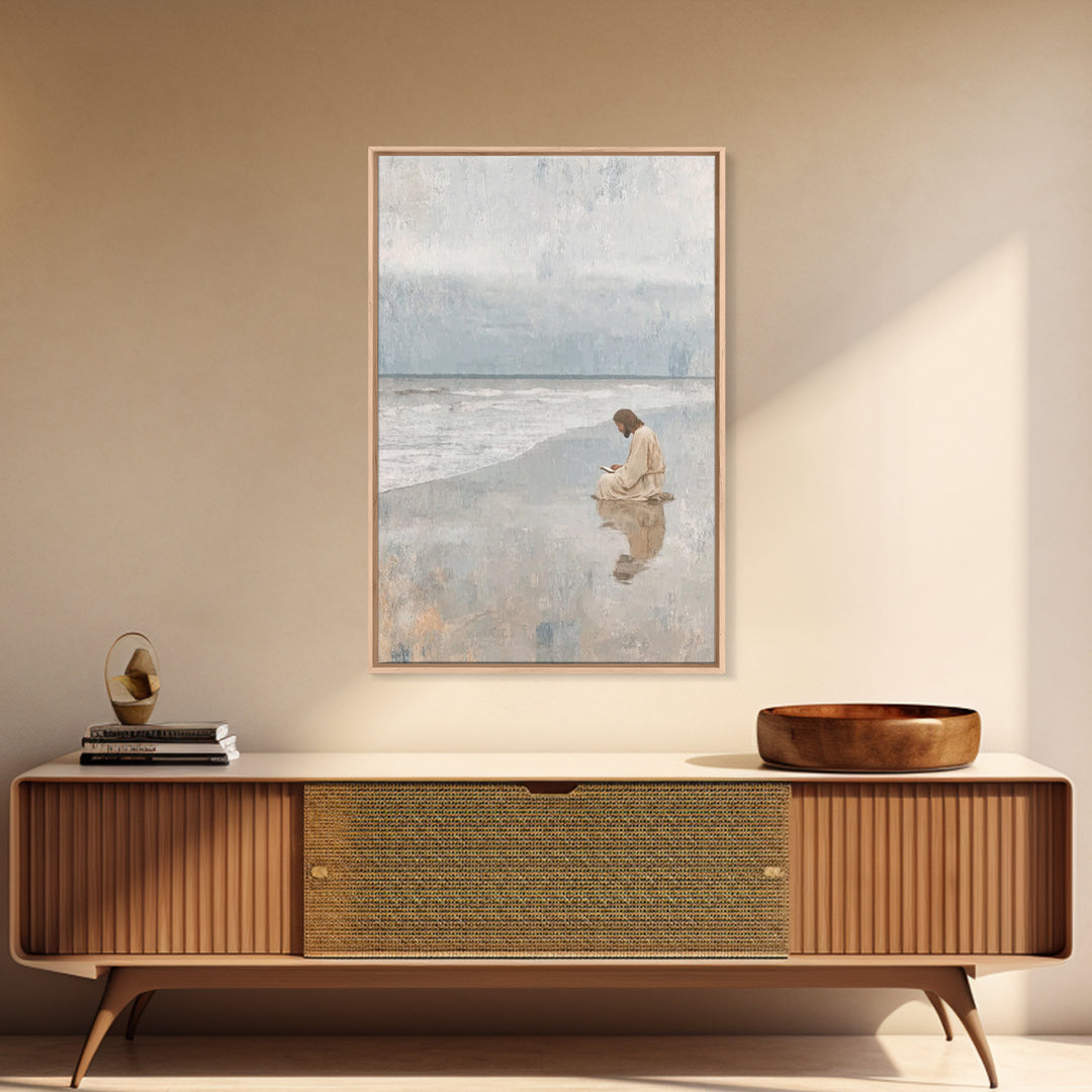 Ocean Dawn Grace, Framed Canvas Print, Christian Wall Art, Jesus Painting, Christian Art Print, Modern Christian Art, Christian Christmas A