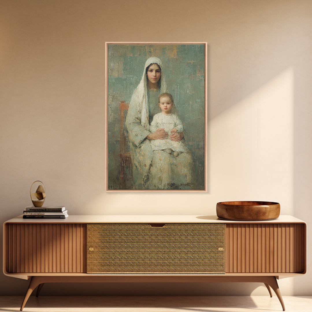 Serene Motherhood, Framed Canvas Print, Christian Wall Art, Christian Art Canvas, Mary And Jesus Painting, Subtle Christian Art, Christian