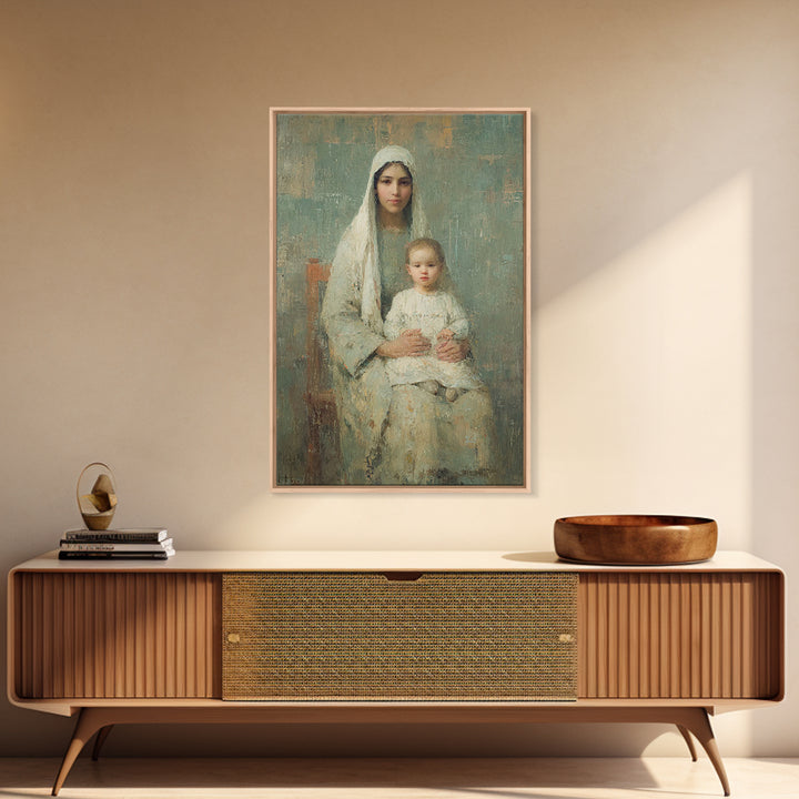 Serene Motherhood, Framed Canvas Print, Christian Wall Art, Christian Art Canvas, Mary And Jesus Painting, Subtle Christian Art, Christian