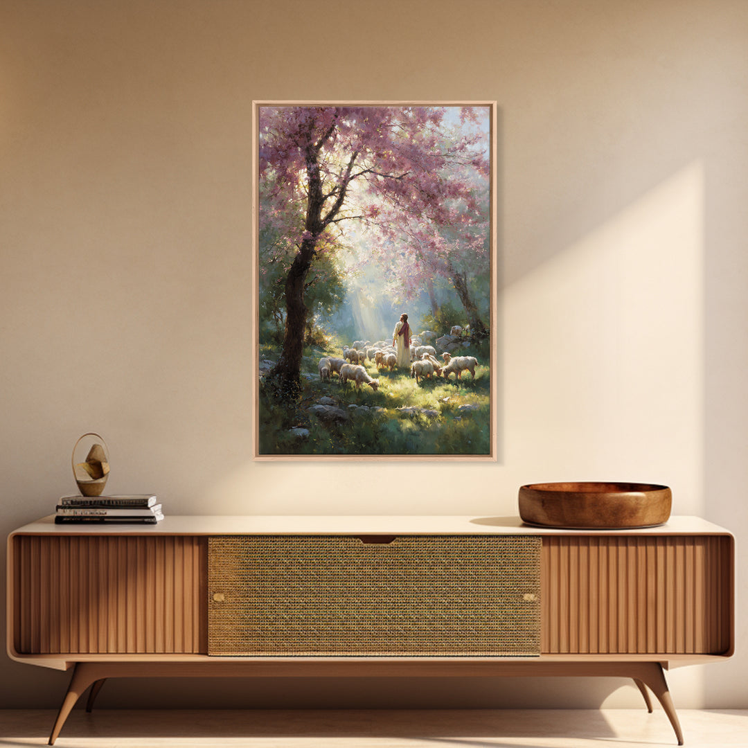 Springtime Shepherd - Framed Canvas Print - Christian Art Canvas - Christian Wall Art - Jesus Painting - Floral Christian Art - Christian D