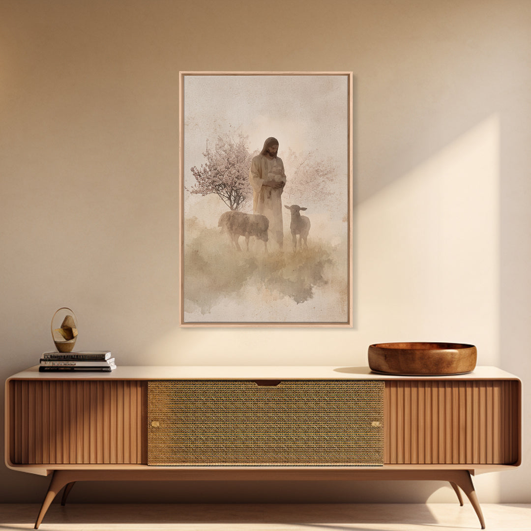 Soft Shepherd Glow - Framed Canvas Print - Christian Art Canvas - Christian Wall Art - Jesus Painting - Minimalist Christian Art - Faith Ar