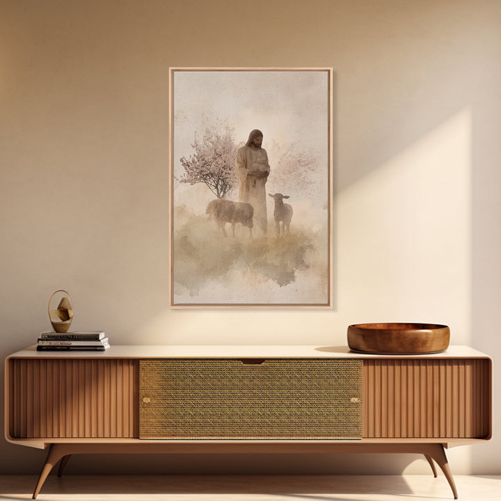Soft Shepherd Glow - Framed Canvas Print - Christian Art Canvas - Christian Wall Art - Jesus Painting - Minimalist Christian Art - Faith Ar