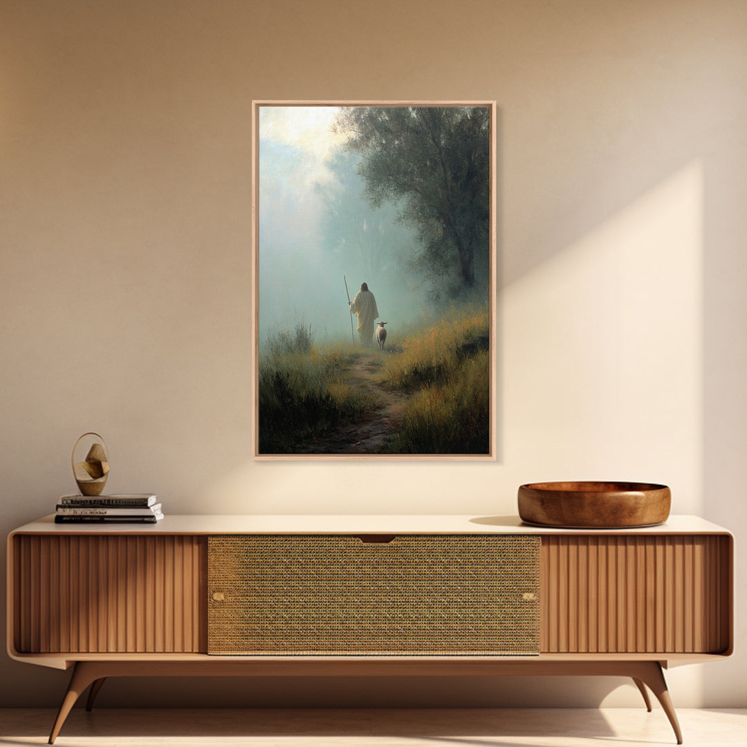 Misty Guide – Framed Canvas Print – Christian Art Canvas – Christian Wall Art – Jesus Painting – Pastoral Scenery – Christian Gift