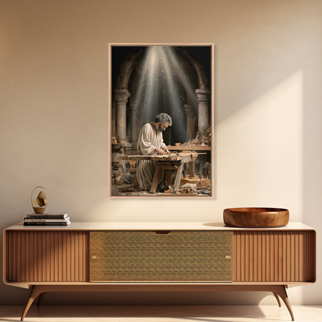Humble Workshop Light, Framed Canvas Print, Christian Art Canvas, Jesus Painting, Christian Wall Art, Christian Decor, Christmas Art