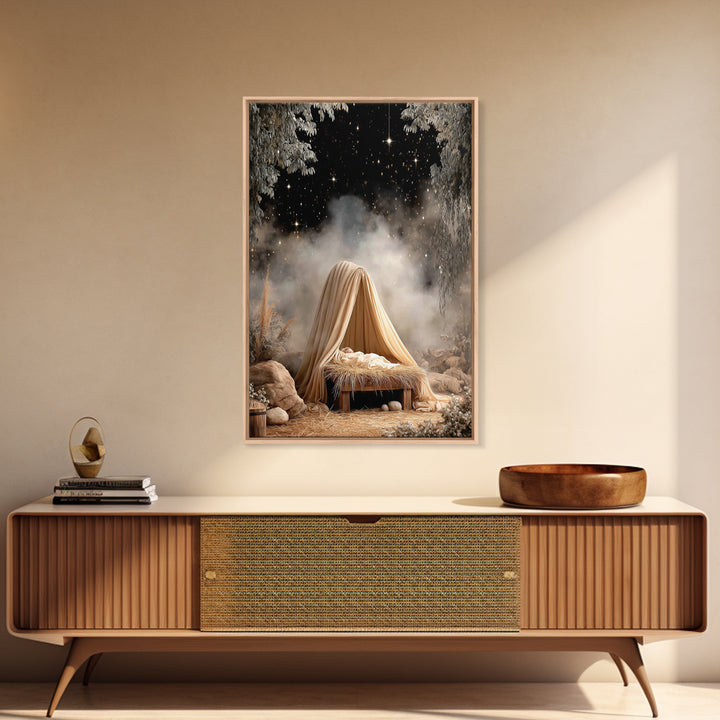 Guiding Star Cradle – Framed Canvas Print – Christian Wall Art – Jesus Painting – Christmas Art – Christian Christmas Decor – Christian Art