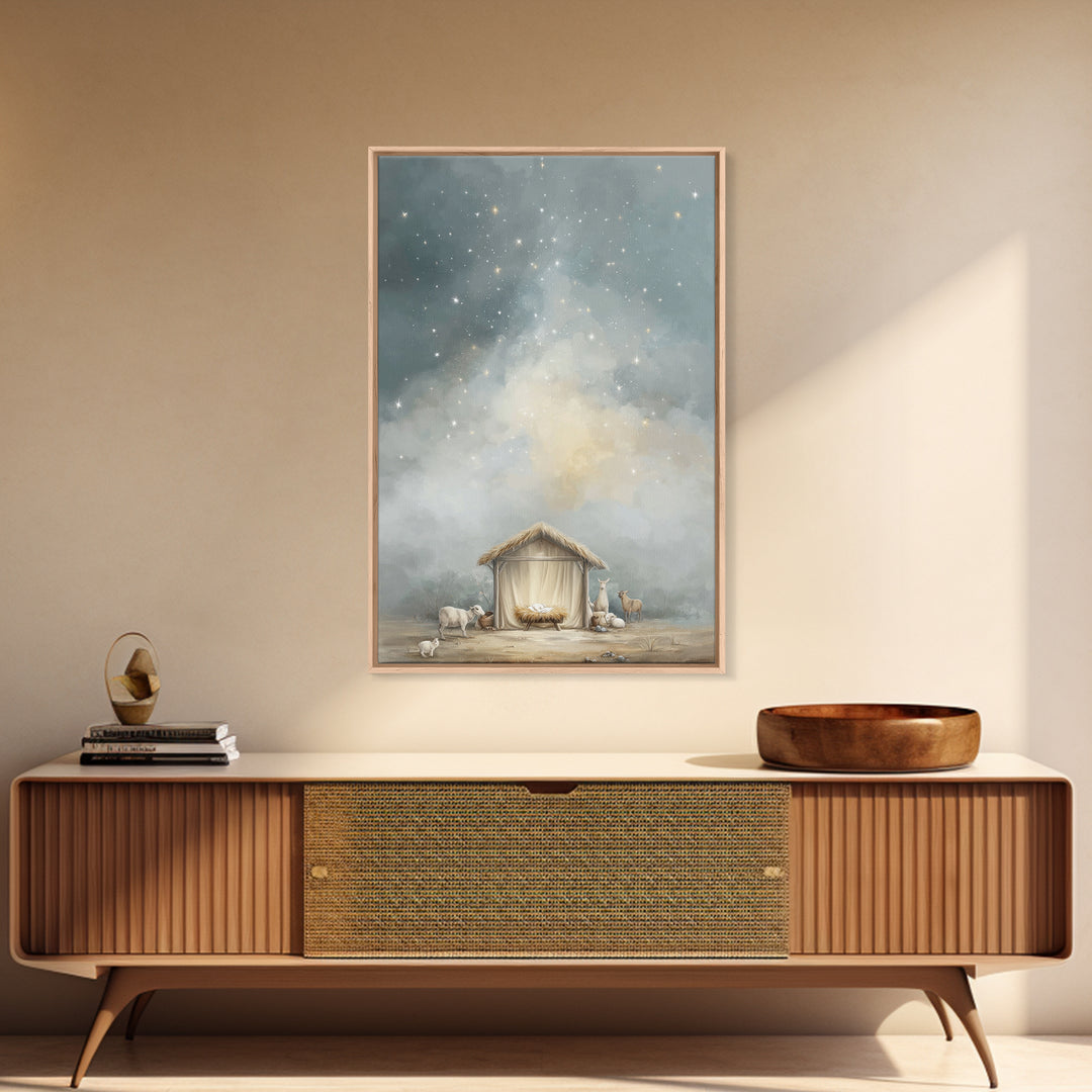 Heavenly Night Shelter – Framed Canvas Print – Christian Wall Art – Christian Christmas Art – Jesus Painting – Modern Christian Art – Chris