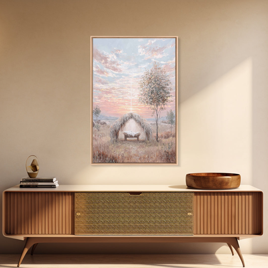 Sacred Birth Glow – Framed Canvas Print – Christian Christmas Art – Vintage Christian Art – Christian Wall Art – Jesus Painting – Christian