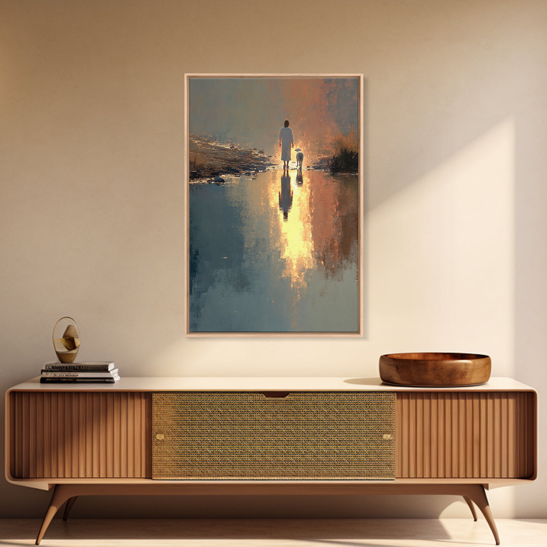 Golden River Walk – Framed Canvas Print – Christian Wall Art – Christian Art Canvas – Jesus Painting – Modern Christian Art – Christian Chr