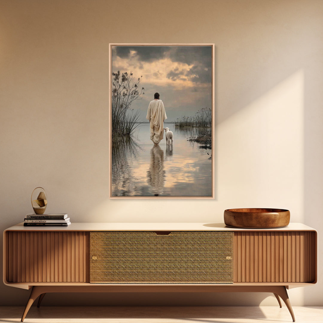 Evening Shepherd Hope – Framed Canvas Print – Christian Art Canvas – Christian Wall Art – Jesus Painting – Christian Christmas Art – Subtle