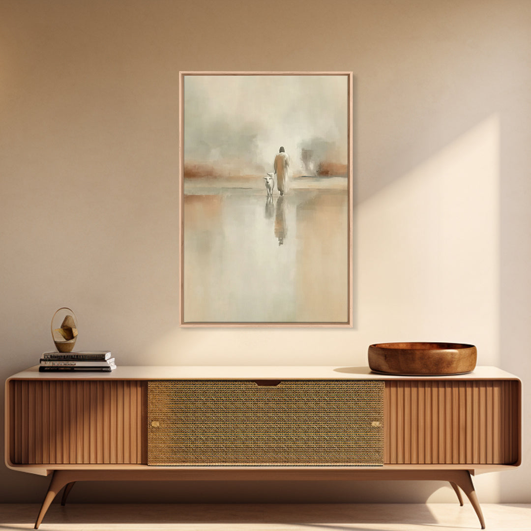 Silent Meadow Walk – Framed Canvas Print – Christian Art Print – Jesus Painting – Modern Christian Art – Pastoral Scenery – Christian Chris