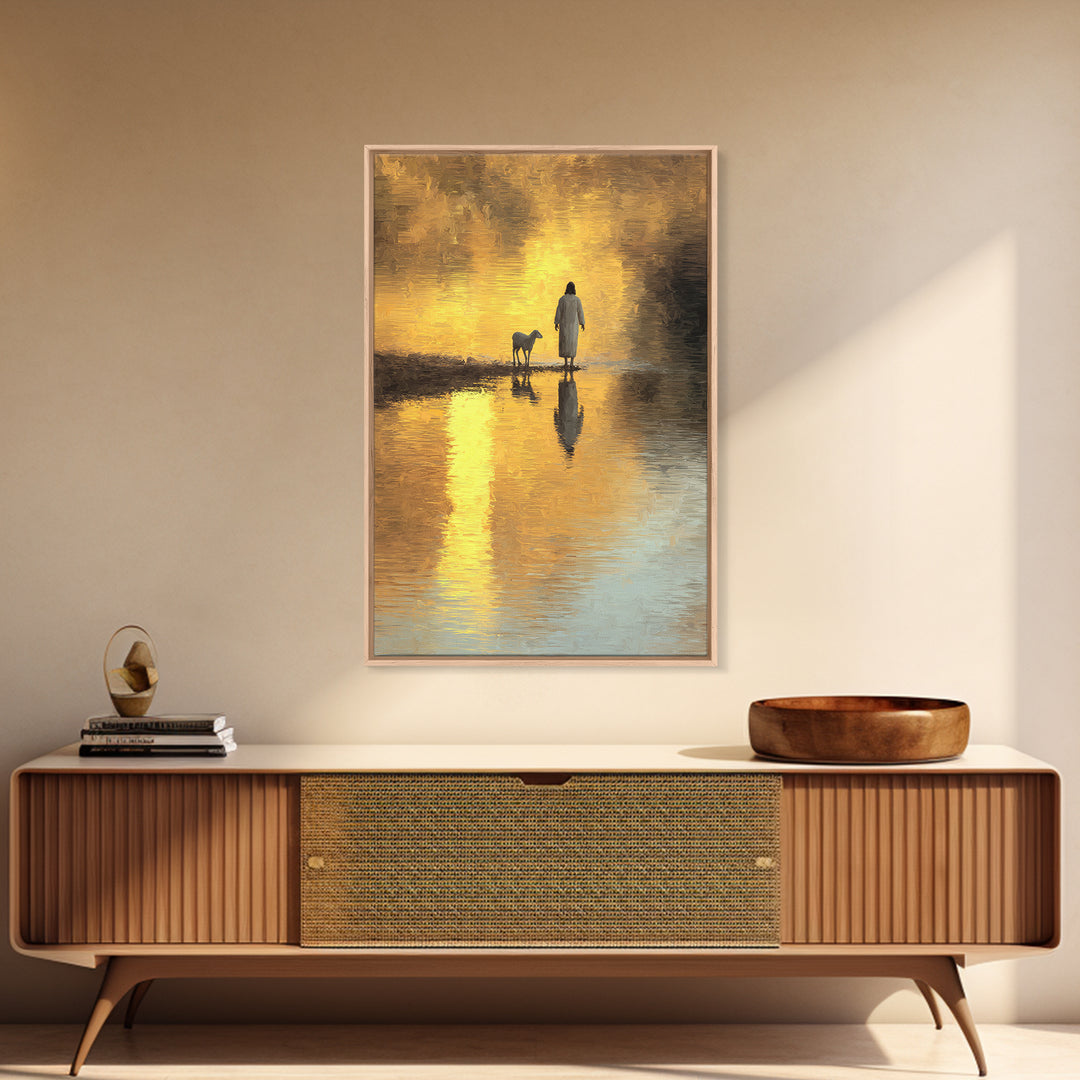 Shepherd’s Dawnlight – Framed Canvas Print – Jesus Painting – Christian Wall Art – Modern Christian Art – Christian Art Canvas – Christmas