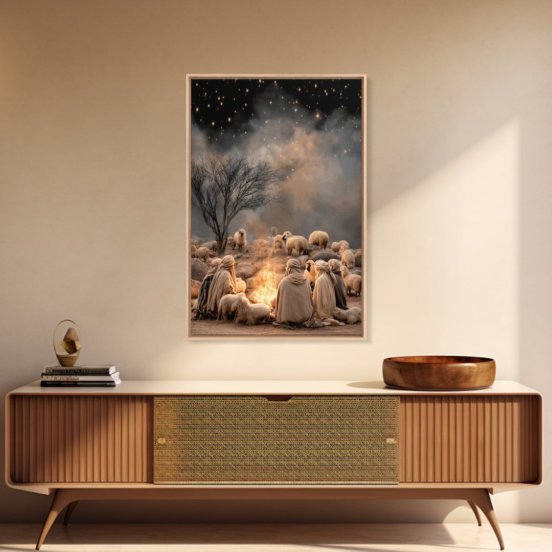 Shepherds By Fire – Framed Canvas Print – Christian Christmas Art – Christian Art Canvas – Christmas Wall Art – Christian Art – Vintage Chr
