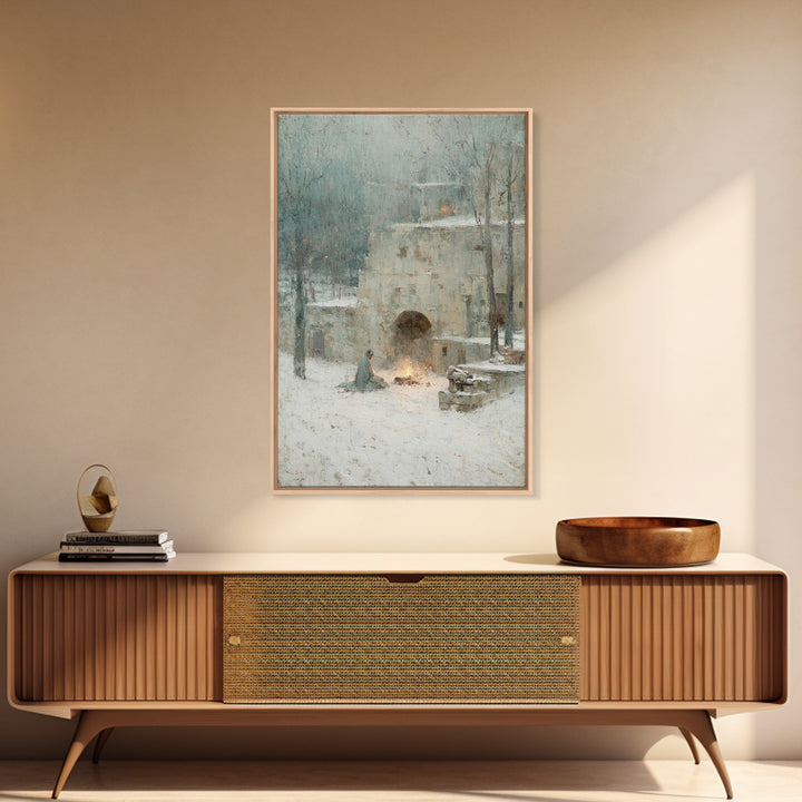 Warm Vigil Night – Framed Canvas Print – Christian Art – Christmas Art – Moody Christmas Art – Christian Wall Art – Christian Art Gift
