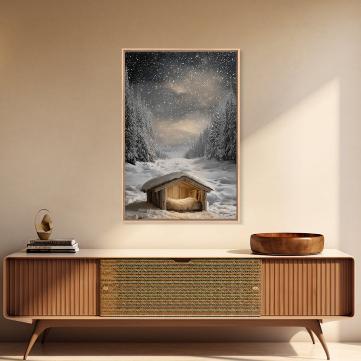 Silent Nativity Snow | Framed Canvas Print | Christmas Canvas Wall Art | Christian Art Work | Christian Christmas Art | Modern Christmas Ar