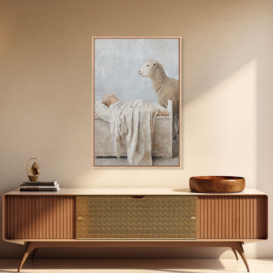 Gentle Manger Peace – Framed Canvas Print – Christian Wall Art – Christian Christmas Art – Jesus Painting – Christian Art Canvas – Christma