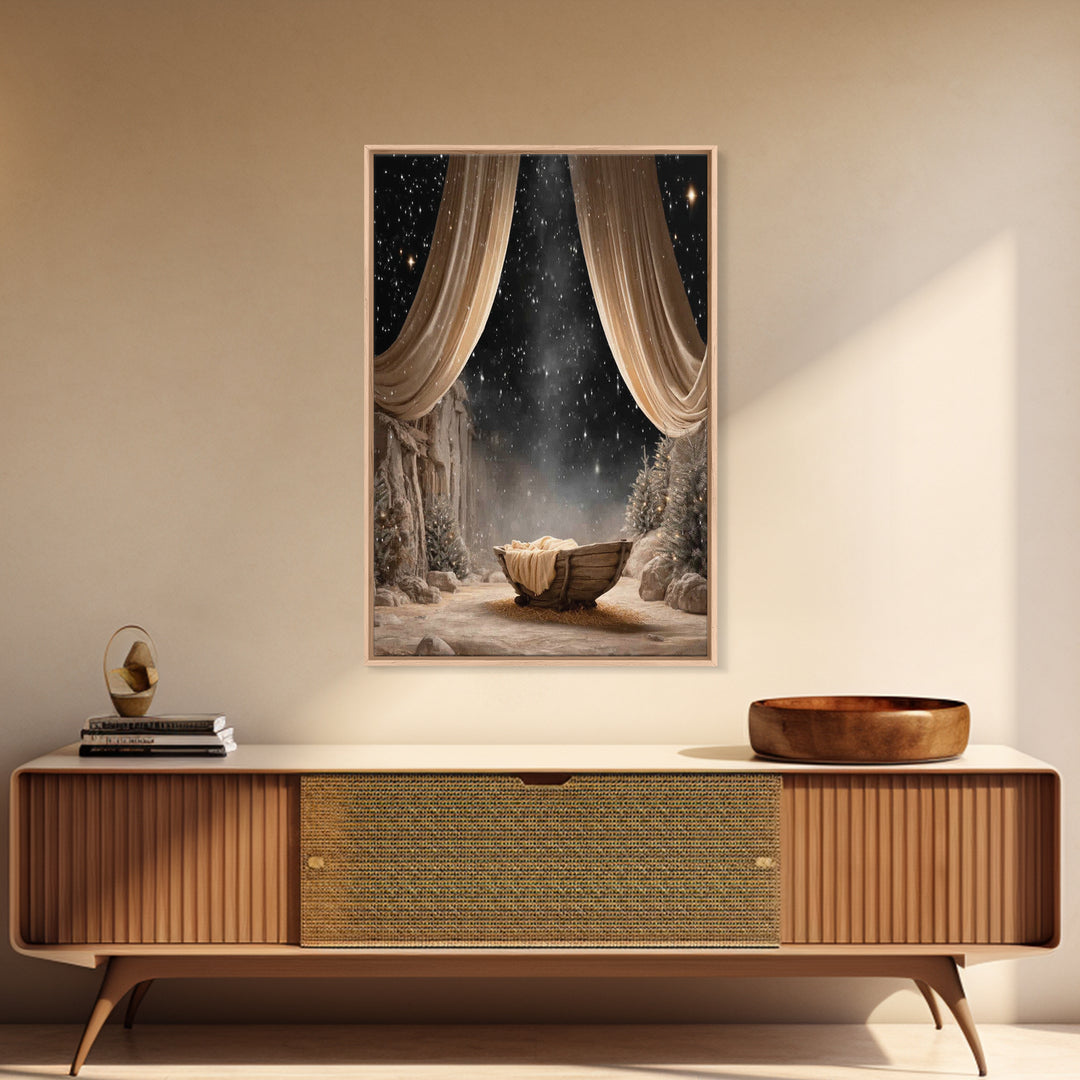 Starry Night Cradle | Framed Canvas Print | Christmas Wall Art | Christian Christmas Art | Christmas Canvas Wall Art | Framed Christmas Art