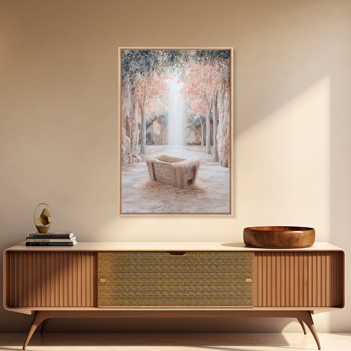 Garden Manger Glow, Framed Canvas Print, Christian Wall Art, Christian Art Canvas, Christmas Art Prints, Modern Christian Art, Christian Ch