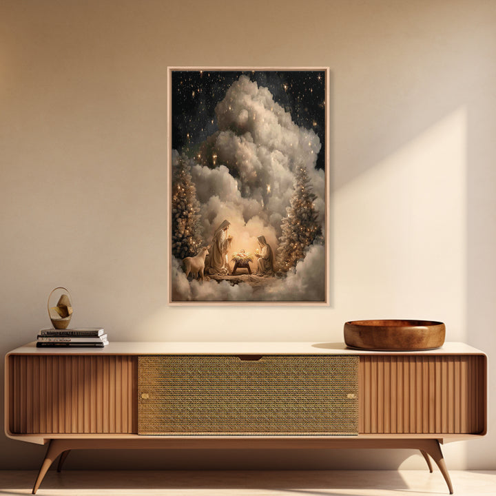 Heavenly Nativity Glow | Framed Canvas Print | Christian Wall Art | Christian Art Canvas | Christmas Art | Christian Christmas Art | Christ