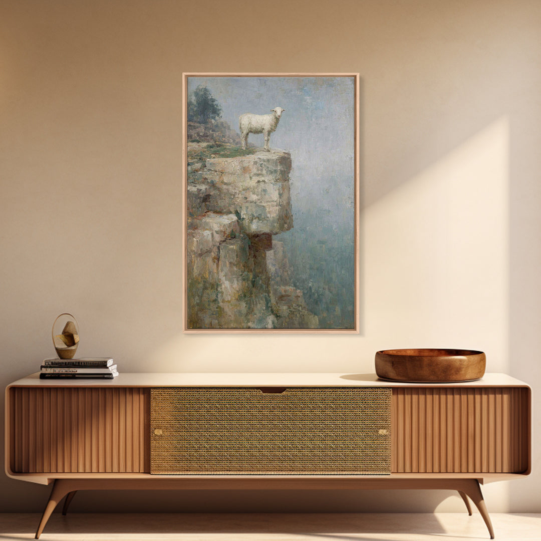 Lone Cliff Lamb – Framed Canvas Print – Christian Wall Art – Christian Art Canvas – Pastoral Scenery – Christian Art Print – Subtle Christi