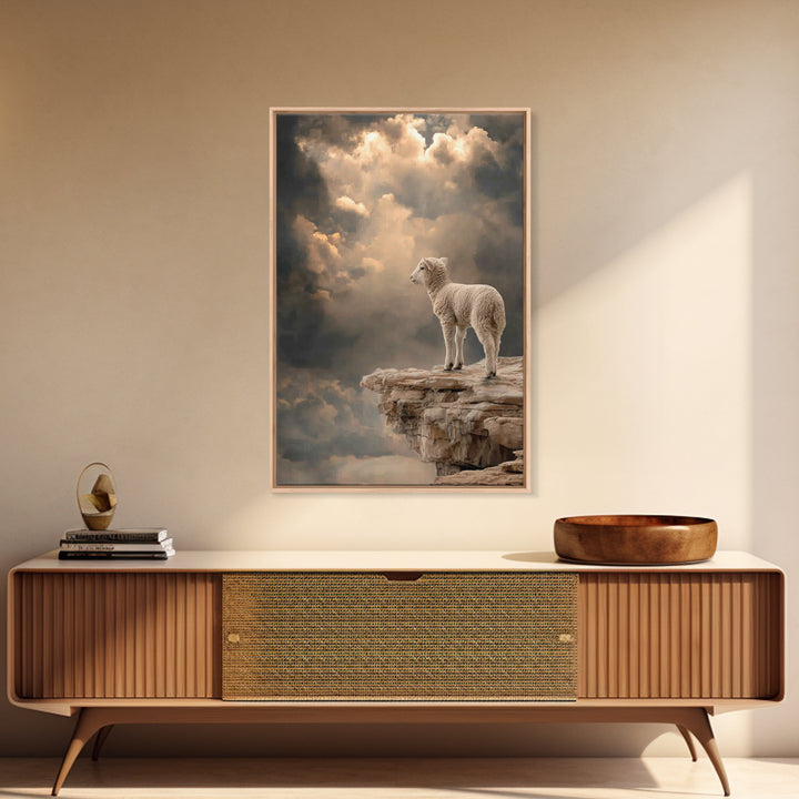 Quiet Summit Lamb, Framed Canvas Print, Christian Wall Art, Christian Art Canvas, Minimalist Christian Art, Christian Decor, Pastoral Scene
