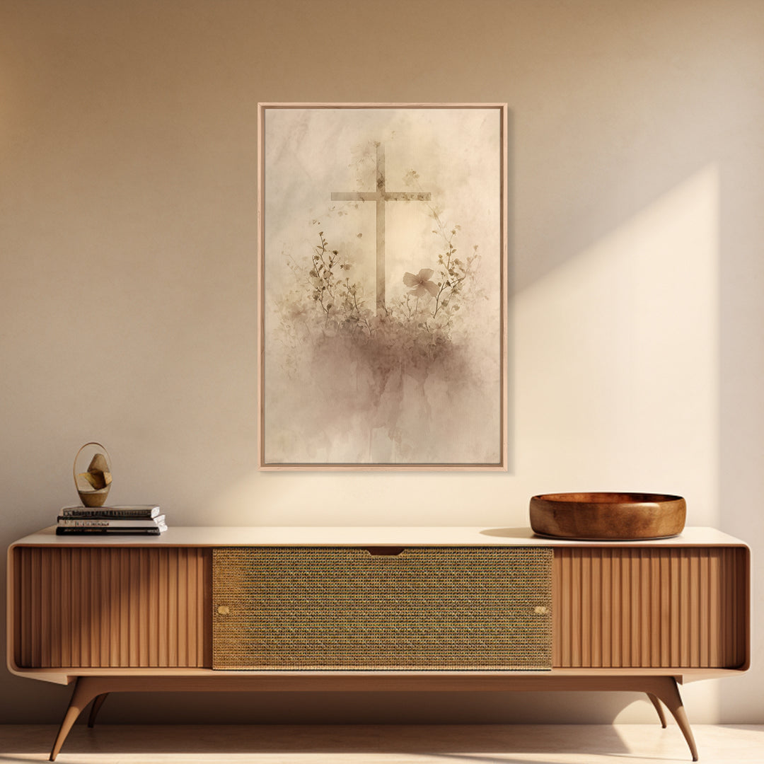 Quiet Cross Light - Framed Canvas Print - Minimalist Christian Art - Christian Wall Art - Subtle Christian Art - Christian Art Canvas - Chr