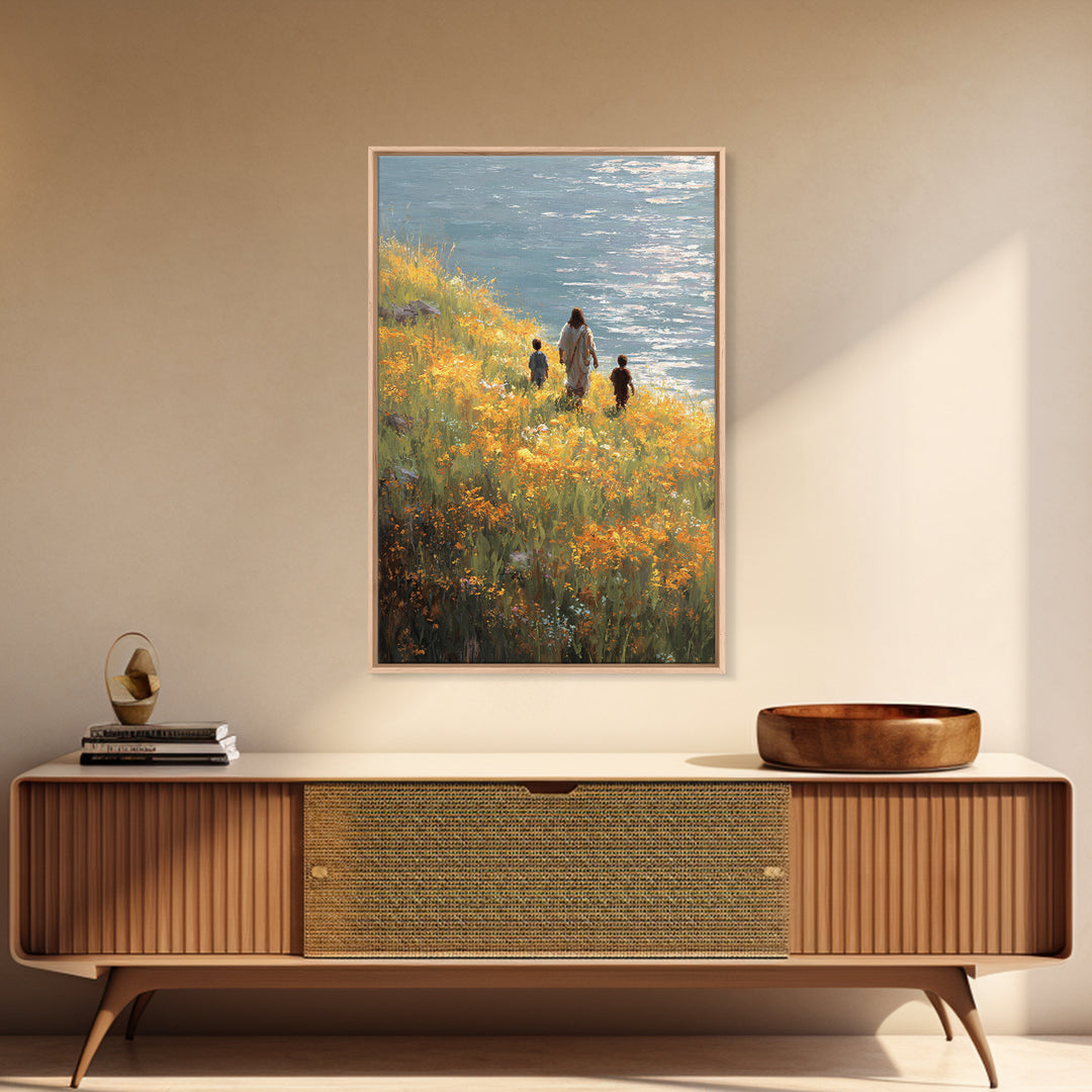 Riverside Shepherd, Framed Canvas Print, Christian Wall Art, Christian Art Canvas, Modern Christian Art, Christian Gift, Christian Decorati