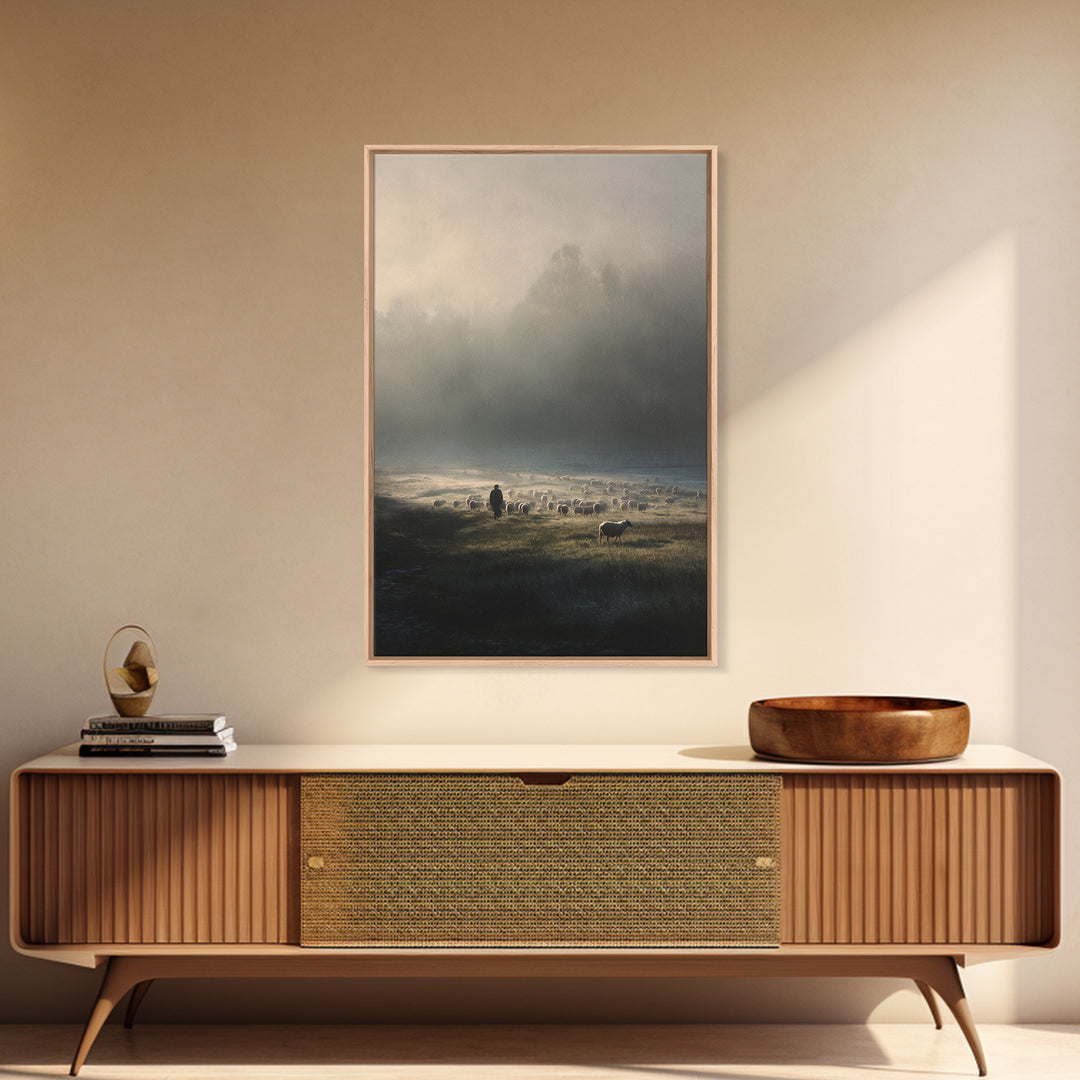 Shepherd’s Calm – Framed Canvas Print – Christian Art Canvas – Christian Wall Art – Jesus Painting – Pastoral Scenery – Christian Art Print