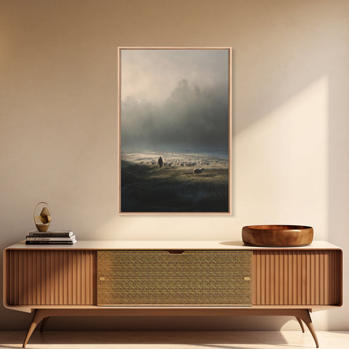 Shepherd’s Calm – Framed Canvas Print – Christian Art Canvas – Christian Wall Art – Jesus Painting – Pastoral Scenery – Christian Art Print