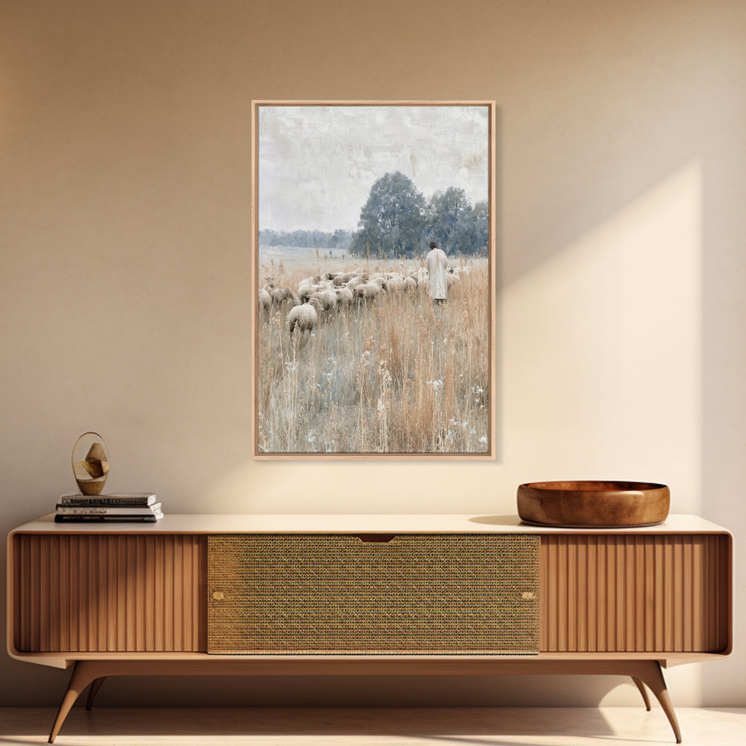 Shepherd In Stillness – Framed Canvas Print – Christian Wall Art – Christian Art Canvas – Jesus Painting – Vintage Christian Art – Christia