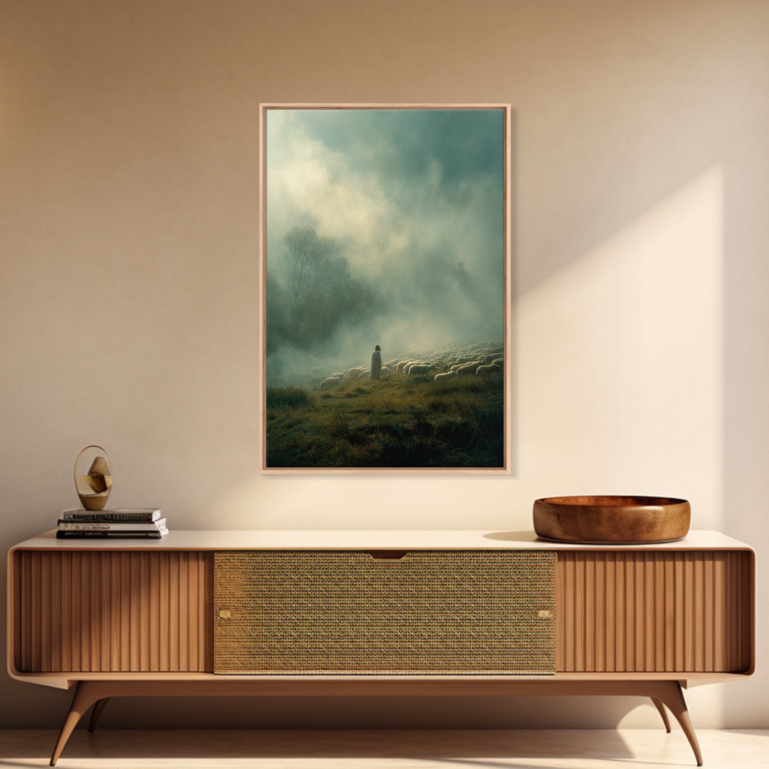 Guiding Shepherd – Framed Canvas Print – Christian Wall Art – Christian Art Canvas – Jesus Painting – Pastoral Scenery – Moody Christian Ar