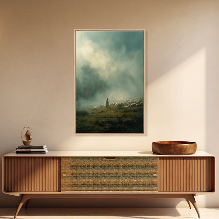Guiding Shepherd – Framed Canvas Print – Christian Wall Art – Christian Art Canvas – Jesus Painting – Pastoral Scenery – Moody Christian Ar