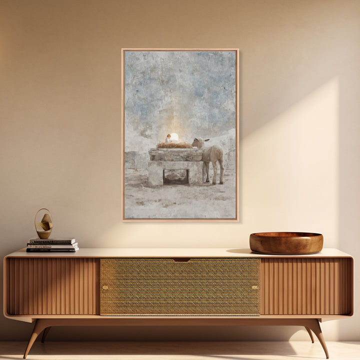 Sacred Manger Glow – Framed Canvas Print – Christian Wall Art – Christian Art Canvas – Christmas Art – Christian Christmas Art – Modern Chr