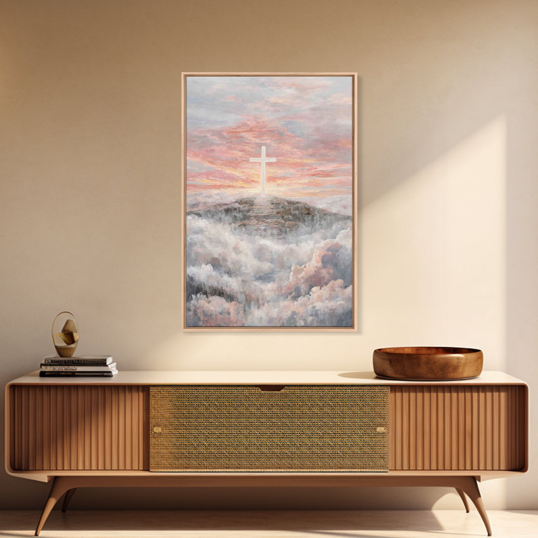 Hilltop Sunrise Cross, Framed Canvas Print, Christian Wall Art, Christian Art Print, Large Christian Painting, Christian Home Decor