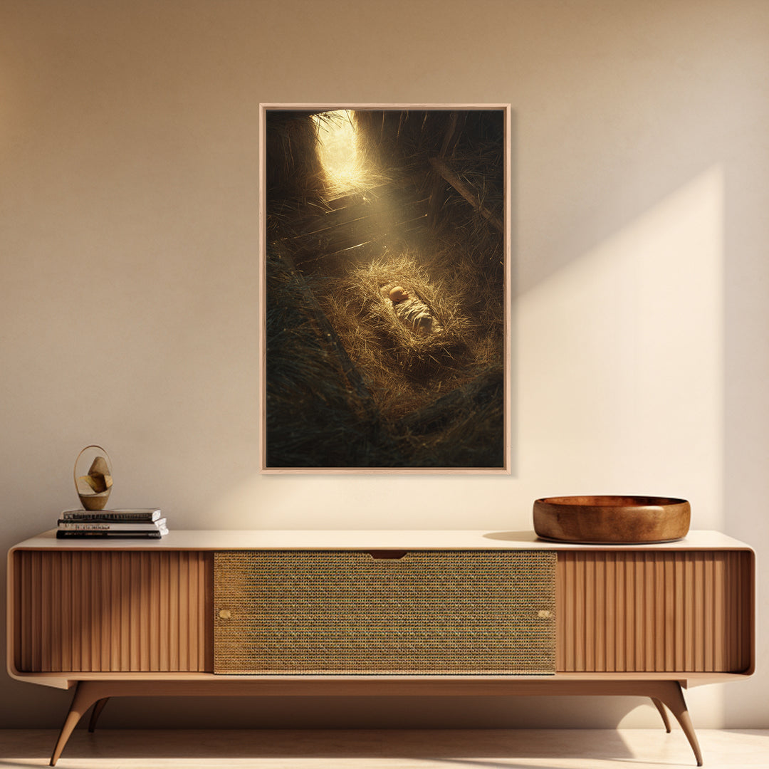 Holy Manger Light – Framed Canvas Print – Christian Christmas Art – Christian Wall Art – Christian Art Canvas – Christian Decor – Christian