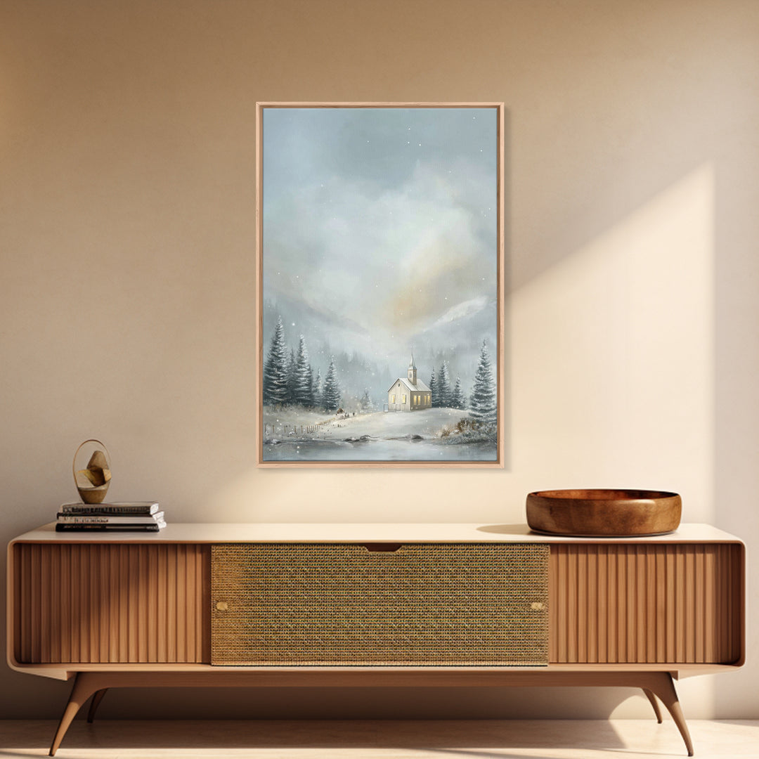 Winter Chapel Light | Framed Canvas Print | Christmas Art Prints | Christian Wall Art | Christian Christmas Decor | Christian Art Canvas |