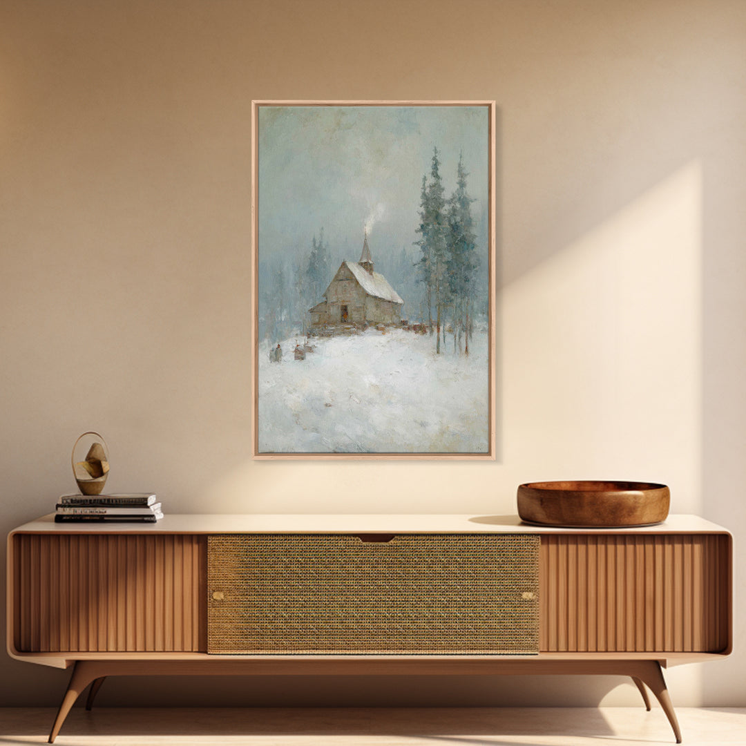Snowfall Chapel | Framed Canvas Print | Christian Art Canvas | Christmas Art Work | Christian Christmas Art | Christian Wall Art | Christia