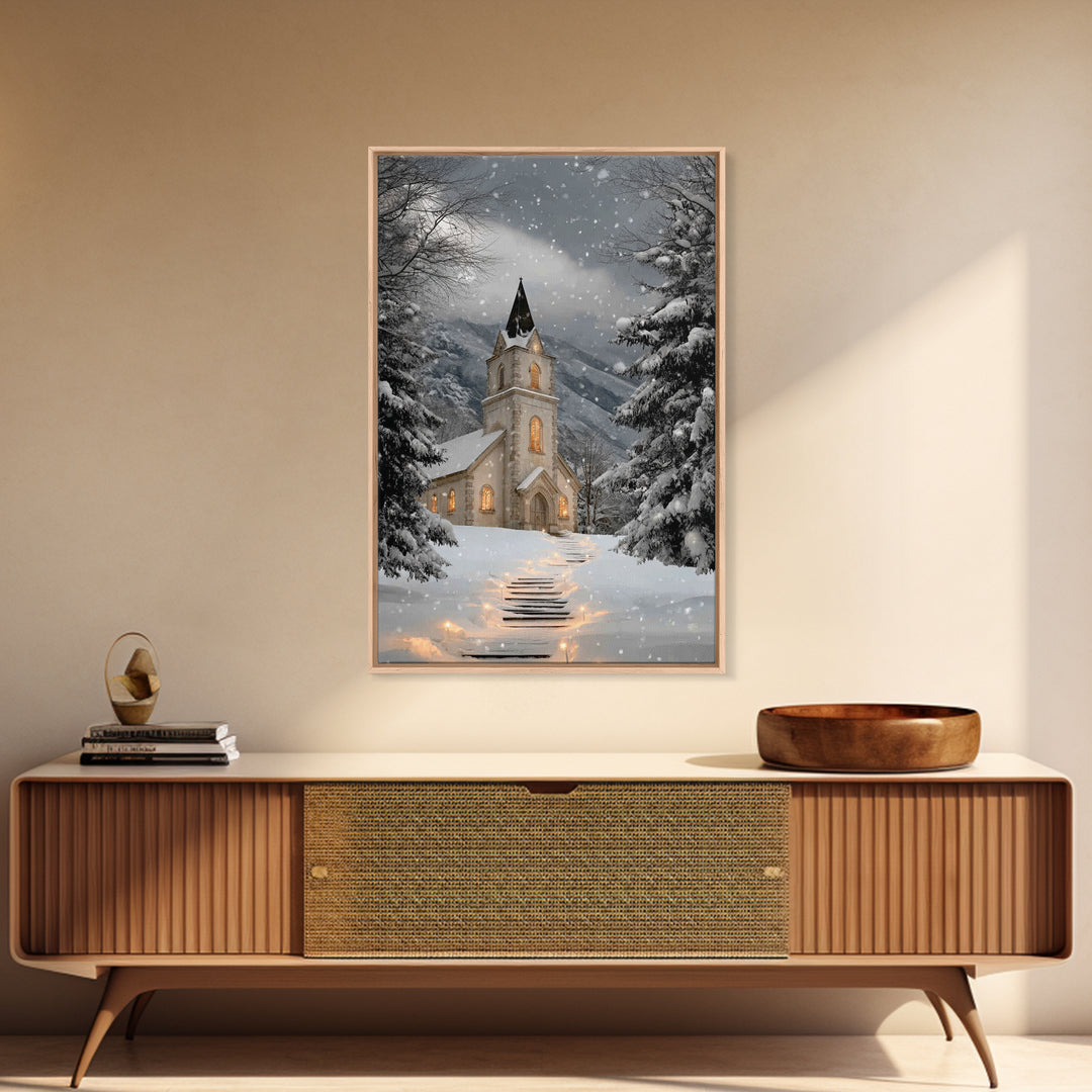 Snowfall Chapel – Framed Canvas Print – Christmas Wall Art – Christian Christmas Art – Framed Christmas Art – Christmas Art Work – Christia