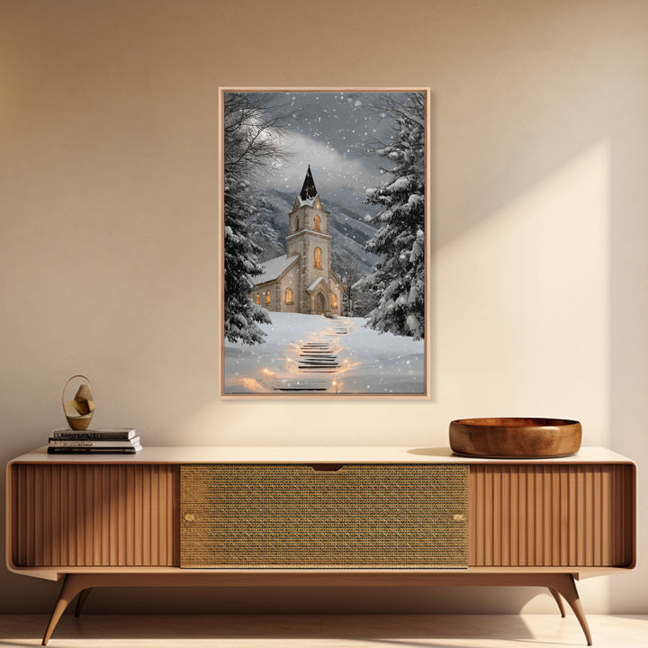 Snowfall Chapel – Framed Canvas Print – Christmas Wall Art – Christian Christmas Art – Framed Christmas Art – Christmas Art Work – Christia
