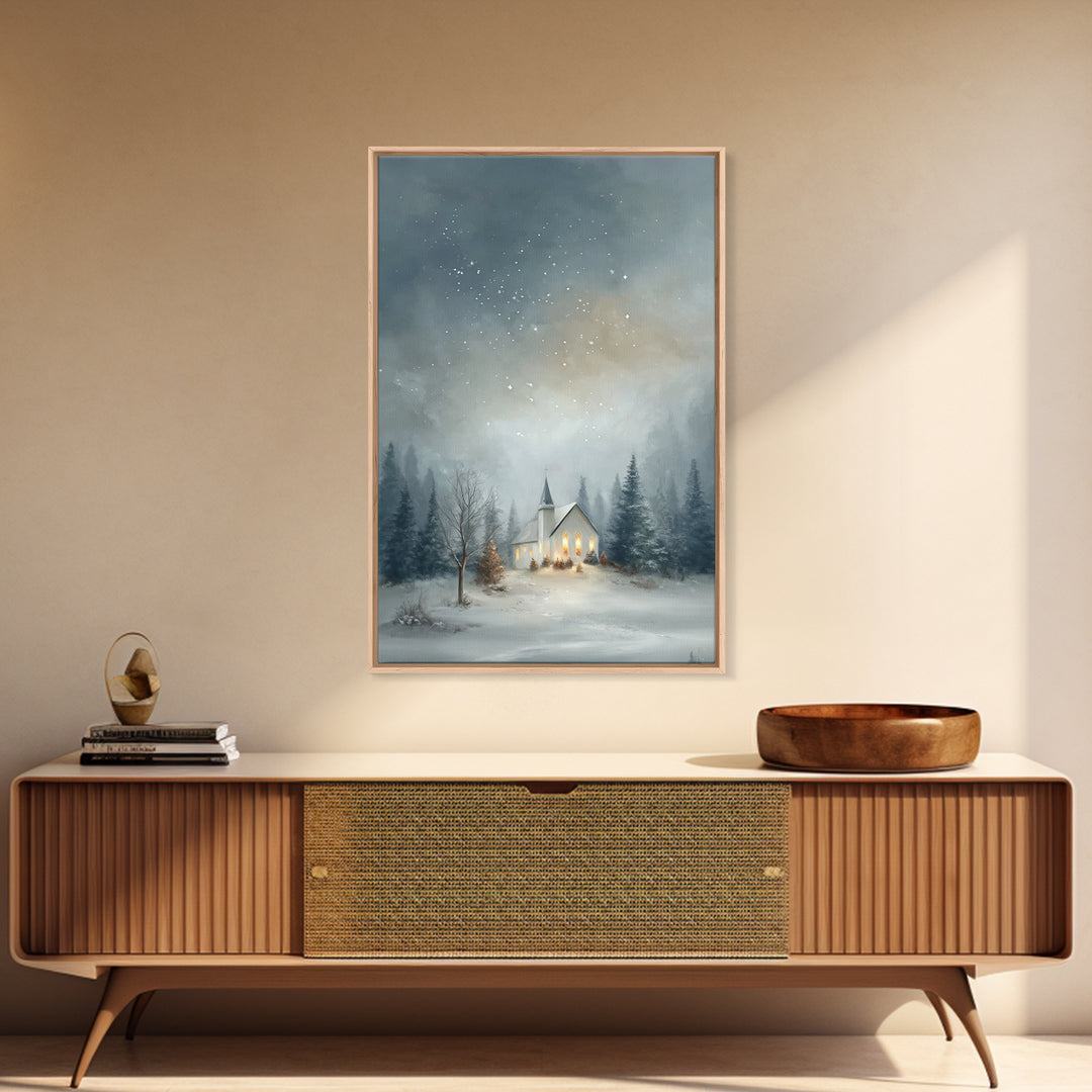 Starry Night Chapel – Framed Canvas Print – Christian Christmas Art – Christmas Canvas Wall Art – Framed Christmas Wall Art – Modern Christ