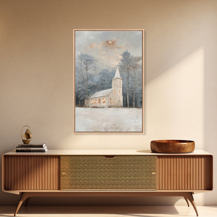 Frosted Chapel – Framed Canvas Print – Christian Wall Art – Christian Christmas Art – White Christmas Art – Christmas Canvas Wall Art – Chr