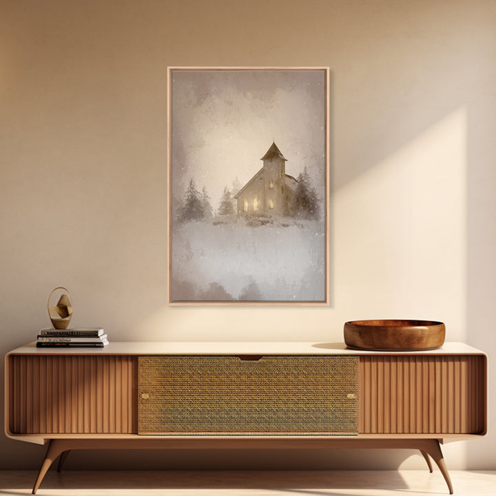 Silent Chapel Glow, Framed Canvas Print, Christian Wall Art, Christian Art Canvas, Christmas Art, Christian Holiday Art