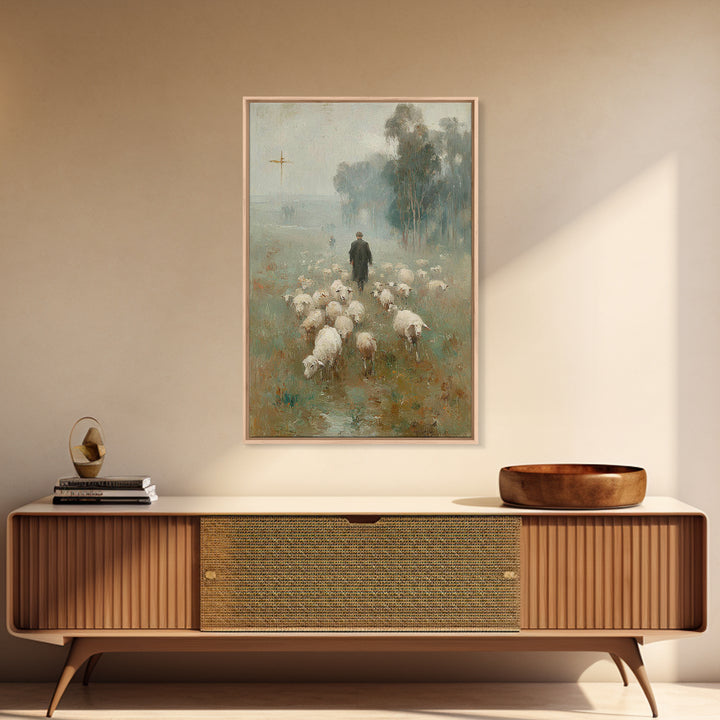 Misty Pasture Walk, Framed Canvas Print, Christian Wall Art, Christian Art Canvas, Jesus Painting, Christian Gift