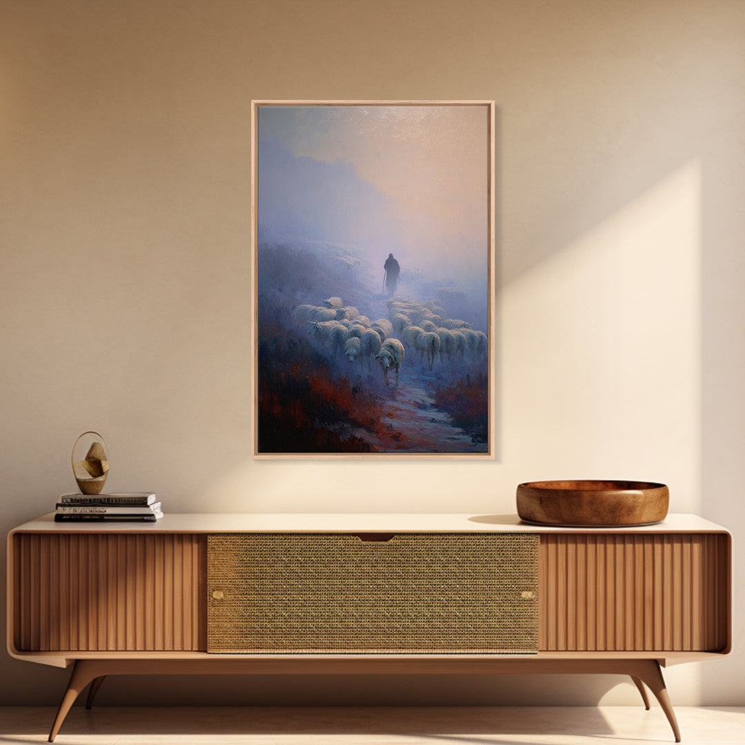 Shepherd’s Dawn Path | Framed Canvas Print | Christian Art Canvas | Christian Wall Art | Pastoral Scenery | Moody Christian Art